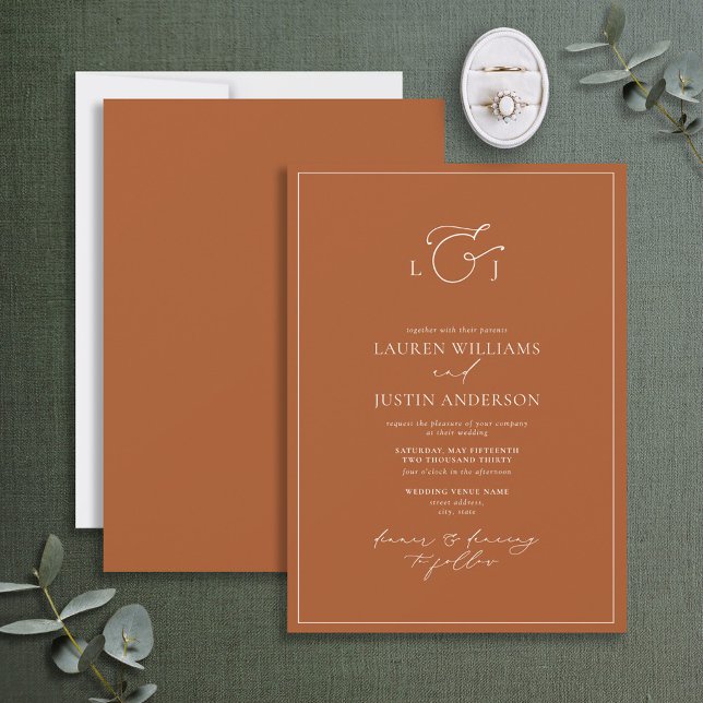 Elegant Burnt Orange Calligraphy Monogram Wedding Einladung (Von Creator hochgeladen)