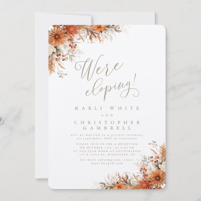 Elegant Burnt Orange Floral Elopement Reception Einladung (Vorderseite)