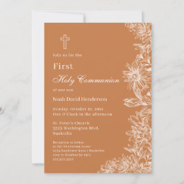 Elegant Burnt Orange Floral First Holy Communion Einladung