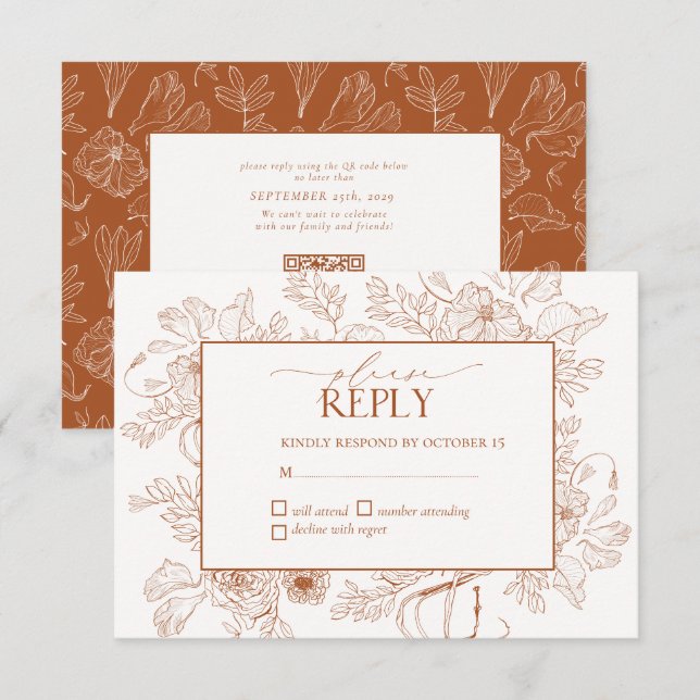 Elegant Burnt Orange Floral Line Art Wedding RSVP Karte (Vorne/Hinten)
