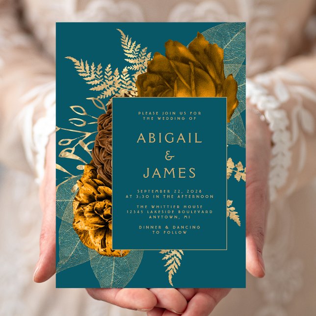 Elegant Burnt Orange Gold Floral Aquamarin Blue We Einladung (Von Creator hochgeladen)