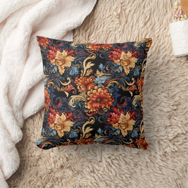Elegant Burnt Orange Gold Floral Black Kissen (Decke)