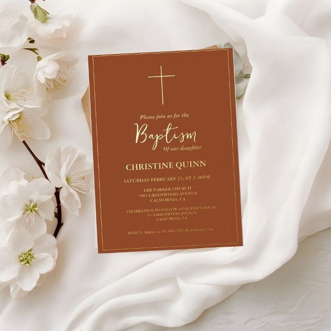 Elegant Burnt Orange & Gold Taufen & Christening Folieneinladung (Von Creator hochgeladen)