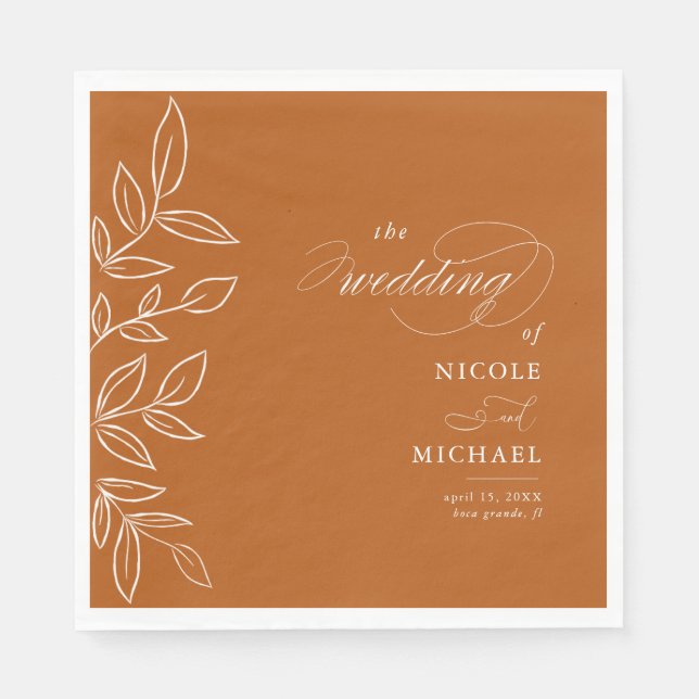 Elegant Burnt Orange Minimalistische Blätter Hochz Serviette (Vorderseite)