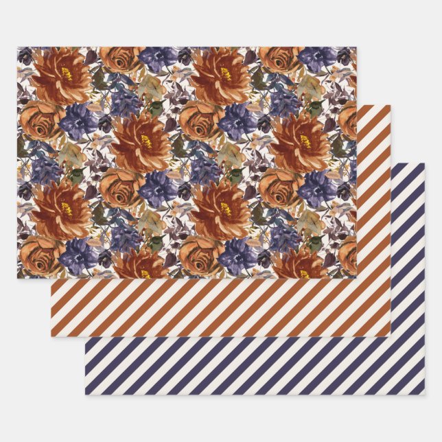 Elegant Burnt Orange Navy Blauer Herbst Herbstflor Geschenkpapier Set (Set)