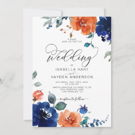 Elegant Burnt Orange Navy Rust Floral Wedding Einladung