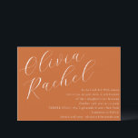 Elegant Burnt Orange Script Minimal Bat Mitzvah Einladung<br><div class="desc">Diese zeitgenössische Fledermaus-Mitzvah-Einladung zeichnet sich durch eine minimalistische horizontale Komposition und eine schöne,  weiße Skriptkalligraphie auf einem Hintergrund von Burnt Orange aus.</div>