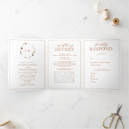 Elegant Burnt Orange Wappen Monogram Wedding Dreifach Gefaltete Einladung