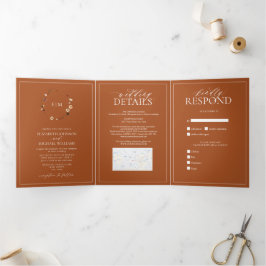 Elegant Burnt Orange Wappen Monogram Wedding Dreifach Gefaltete Einladung