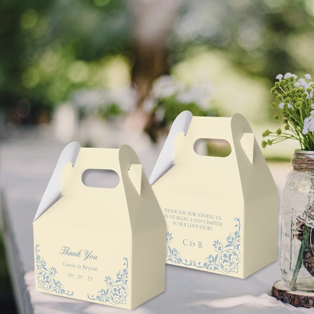 Elegant Butter Yellow and Blue Wedding Vielen Dank Geschenkschachtel (elegant butter yellow wedding thank you gift favor boxes with bride and groom name plus message)