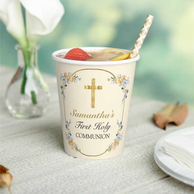 Elegant Buttercreme Floral 1. Heilige Kommunion Pappbecher (In Situ)