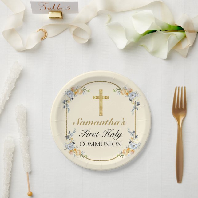 Elegant Buttercreme Floral 1. Heilige Kommunion Pappteller (Hochzeit)