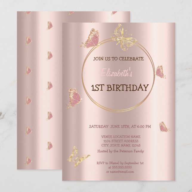 Elegant Butterfets Rose Gold Geburtstag Einladung (Vorne/Hinten)
