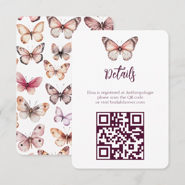 Elegant Butterflies Brautparty CUSTOM QR-Code Begleitkarte (Vorne/Hinten)