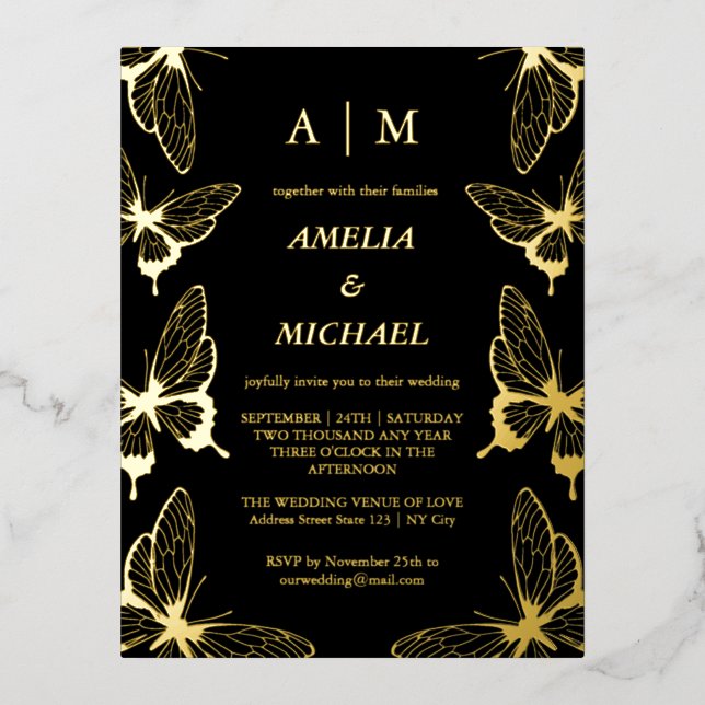 Elegant Butterflies Monogram Wedding Einladung (Vorderseite)