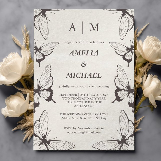 Elegant Butterflies Monogram Wedding Einladung (Von Creator hochgeladen)