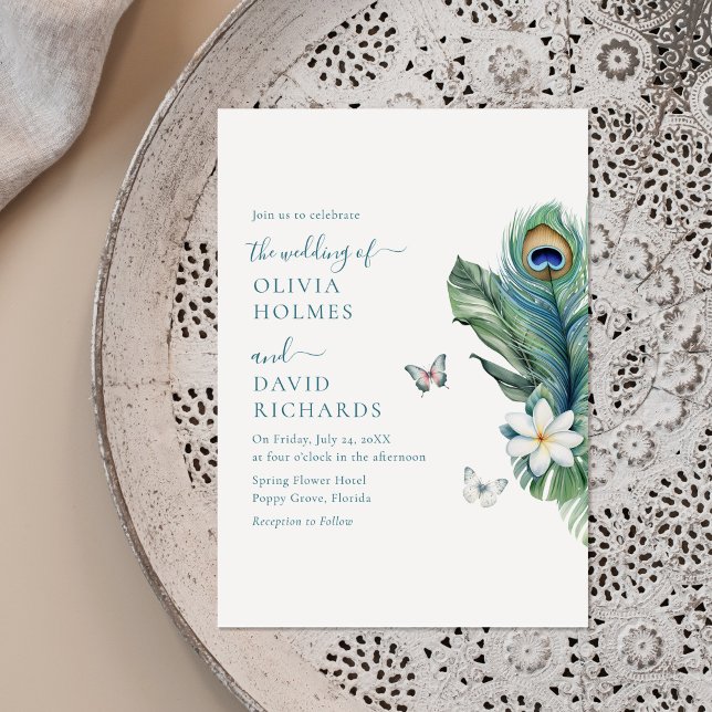 Elegant Butterflies Peacock Feather Wedding Einlad Einladung (Elegant Butterflies Peacock Feather Wedding Invite on a boho ceramic plate.)