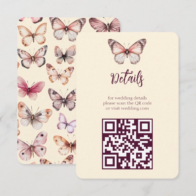 Elegant Butterflies Wedding CUSTOM QR-Code Begleitkarte (Vorne/Hinten)