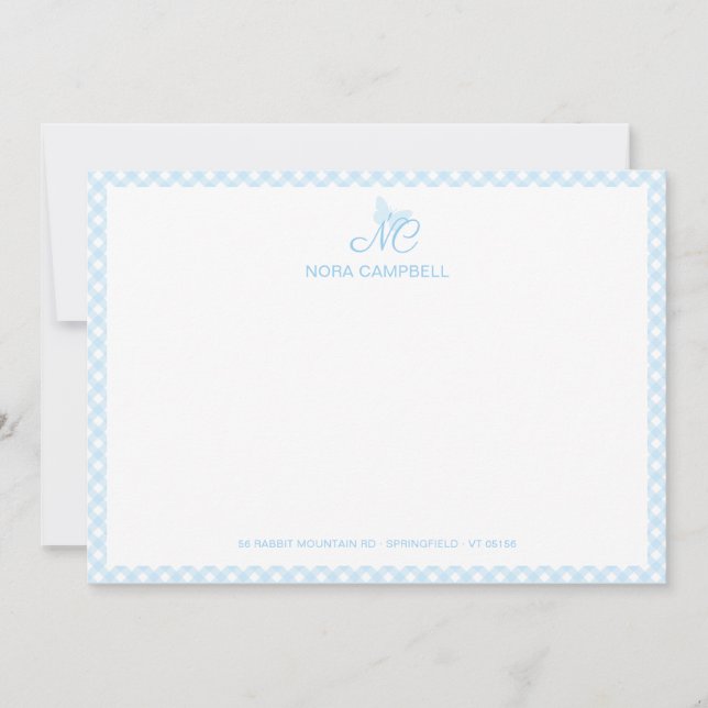Elegant Butterfly Monogram Baby Blue Gingham Karie Mitteilungskarte (Vorderseite)