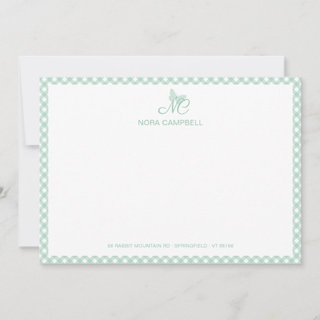Elegant Butterfly Monogram Mint Green Gingham Mitteilungskarte (Vorderseite)