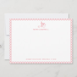 Elegant Butterfly Monogram Peach Pink Gingham Mitteilungskarte
