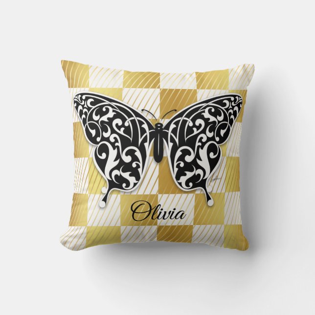 Elegant Butterfly Throw Kissen Schwarz (Vorderseite)