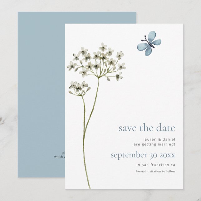 Elegant Butterfly Wildblume QR Code Blue Wedding Save The Date (Vorne/Hinten)