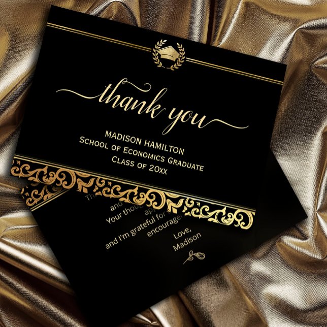 Elégant cadre or Carte de remerciements de graduat (Elegant gold Frame Graduation Thank You Card #script #calligraphy #fauxgold)