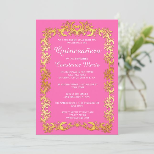 Elégant cadre Or Quinceanera Invitation (Debout devant)
