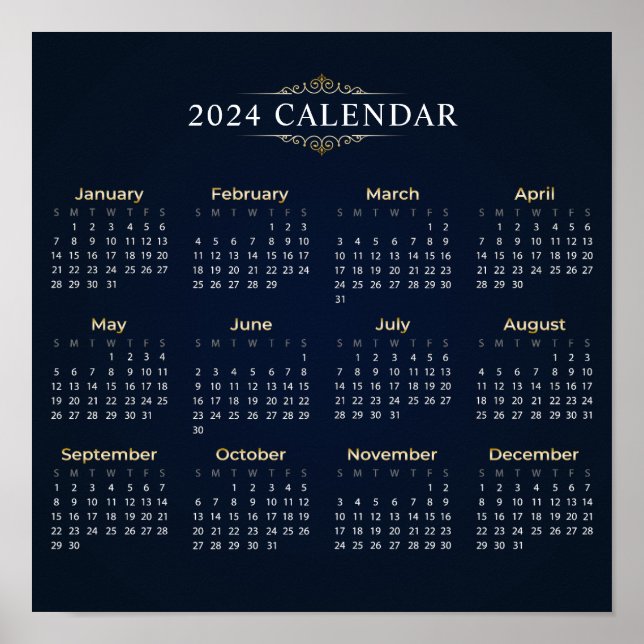 Élégant Calendrier Gold et Blue 2024 | Poster (Devant)