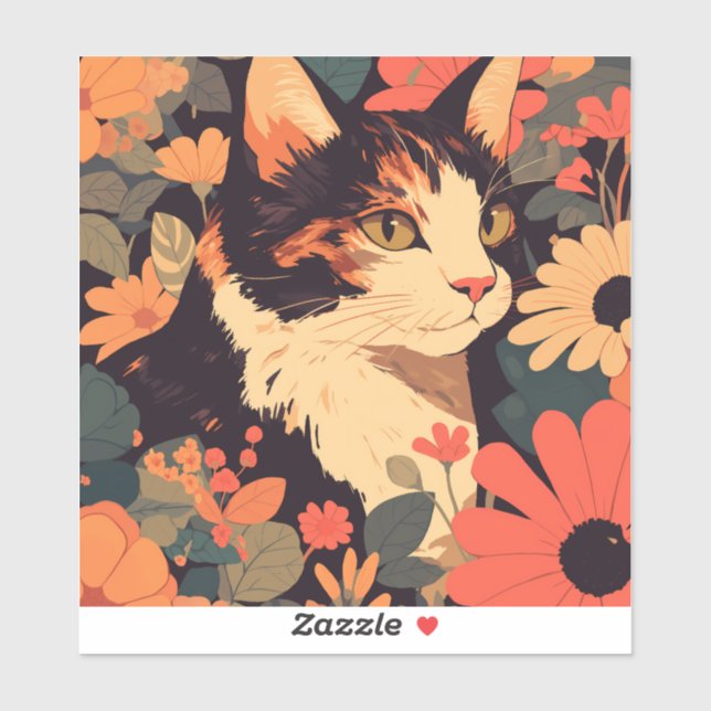 Élégant Calico Chat en Floral Garden Vinyl Sticker (Feuille)