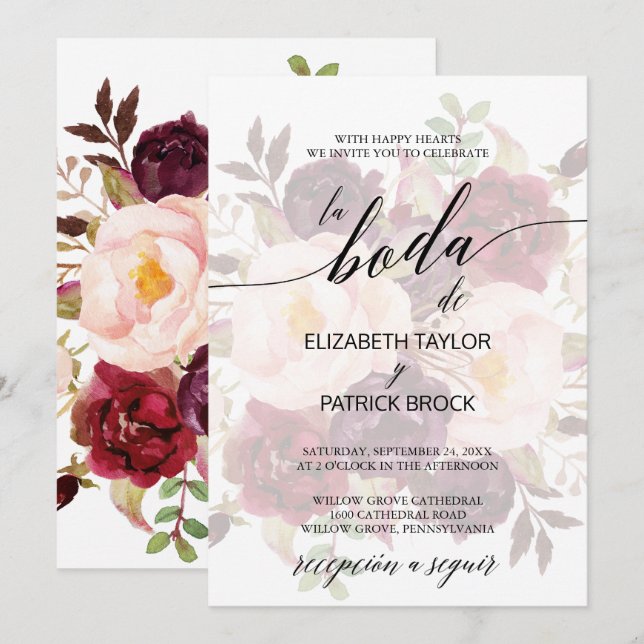 Elegant Calligraphy | Abgestürzte Spanische Hochze Einladung (Vorne/Hinten)