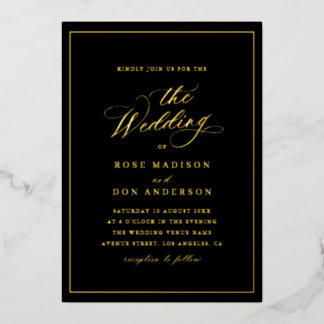 Elegant calligraphy black and gold wedding folieneinladung