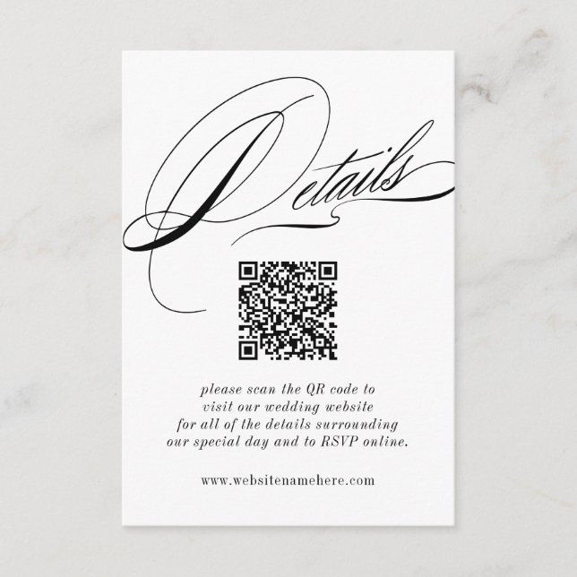 Elegant Calligraphy Details QR Code Begleitkarte (Vorderseite)
