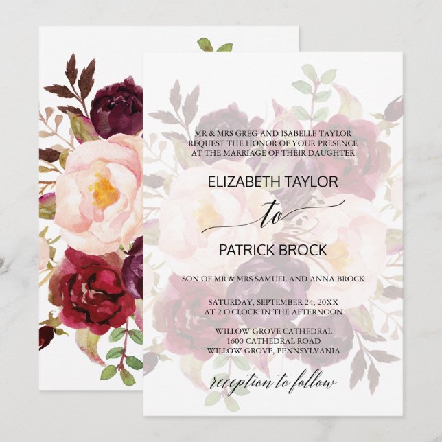 Elegant Calligraphy | Faded Floral Formal Wedding Einladung (Vorne/Hinten)