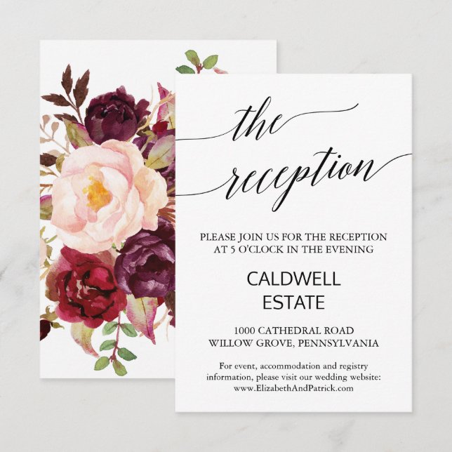 Elegant Calligraphy | Floral Back Empfang Card Begleitkarte (Vorne/Hinten)
