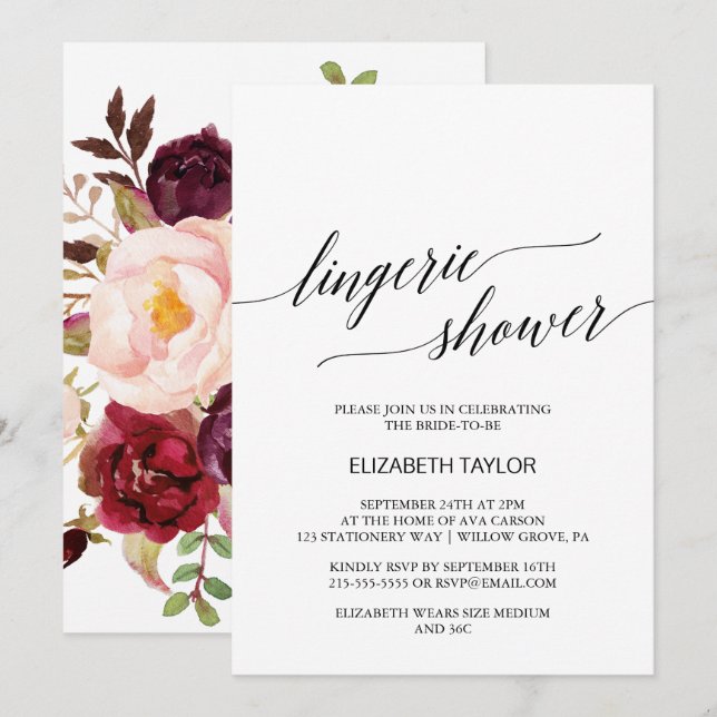 Elegant Calligraphy | Floral Back Lingerie Dusche Einladung (Vorne/Hinten)