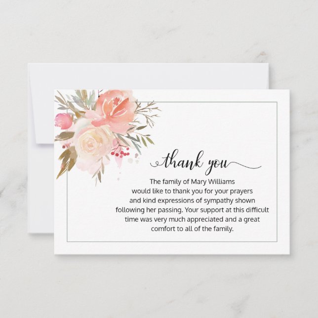 Elegant Calligraphy Floral Beerdigung Vielen Dank Dankeskarte (Vorderseite)