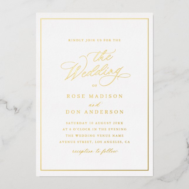 Elegant calligraphy gold and white wedding folieneinladung (Vorderseite)