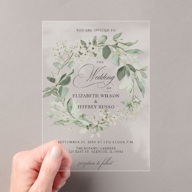 Elegant Calligraphy Greenery Eucalyptus Wedding Acryleinladungen (Insitu (Handheld))