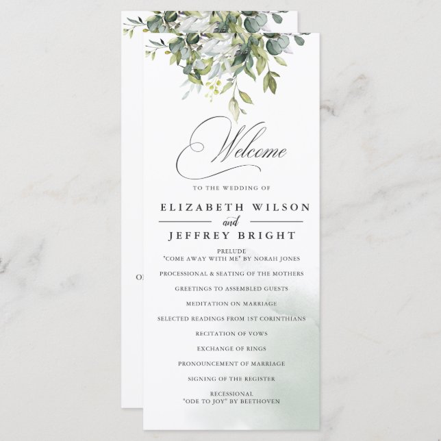 Elegant Calligraphy Greenery Eucalyptus Wedding Programm (Vorne/Hinten)