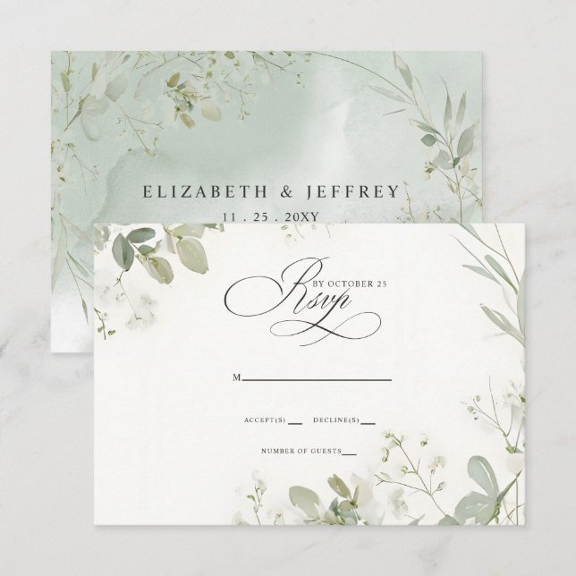 Elegant Calligraphy Greenery Eucalyptus Wedding RSVP Karte (Vorne/Hinten)
