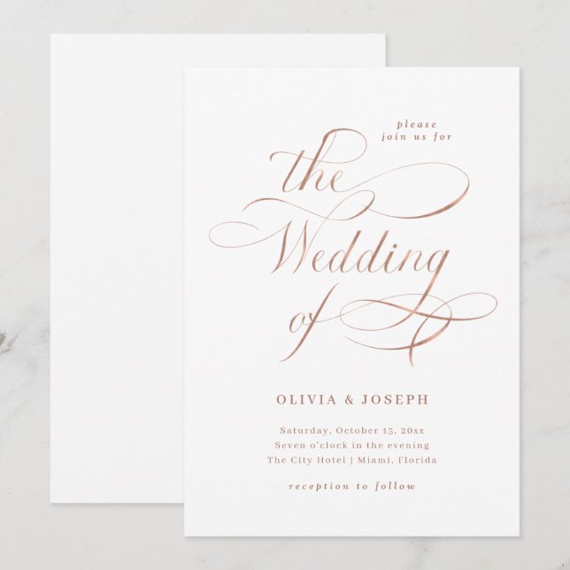 Elegant Calligraphy | Imitats Rose Gold Wedding Einladung (Vorne/Hinten)