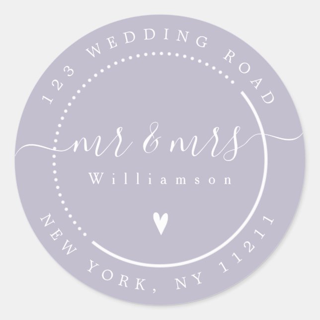 Elegant Calligraphy Lavender Mr. und Mrs. Address Runder Aufkleber (Vorderseite)