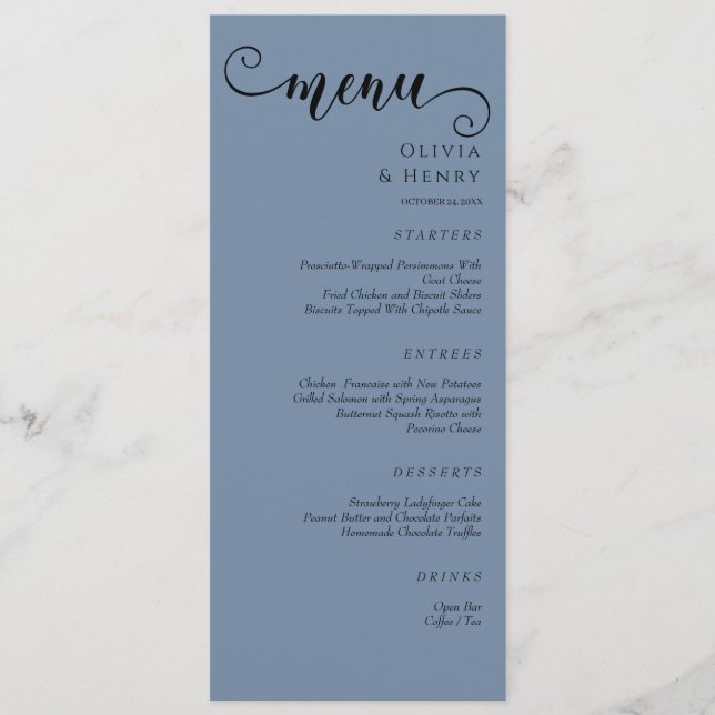 Elegant Calligraphy Minimalist Blue Wedding  Menükarte (Vorderseite)