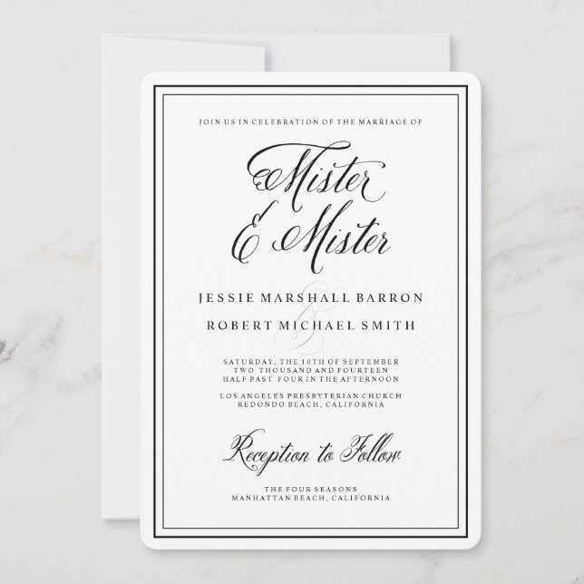 Elegant Calligraphy Mister und Mister Gay Wedding Einladung (Vorderseite)