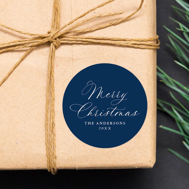 Elegant Calligraphy Navy Merry Christmas Runder Aufkleber (Von Creator hochgeladen)