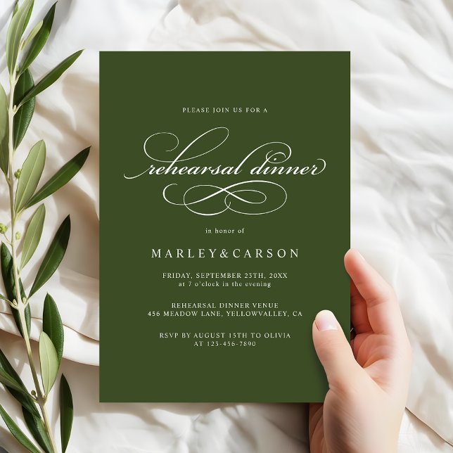 Elegant Calligraphy Olive Green Rehearsal Dinner Einladung (Von Creator hochgeladen)