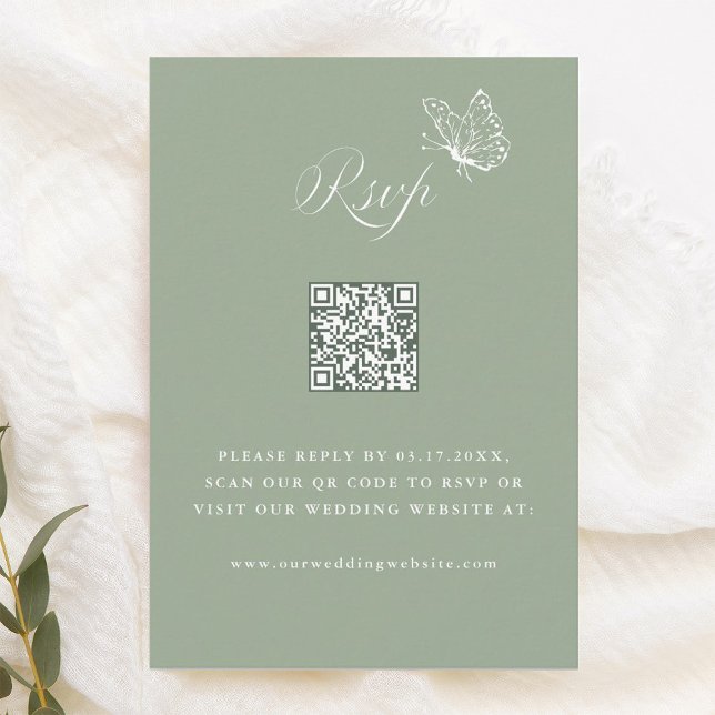 Elegant Calligraphy Sage Green Wedding QR Code RSVP Karte (Von Creator hochgeladen)