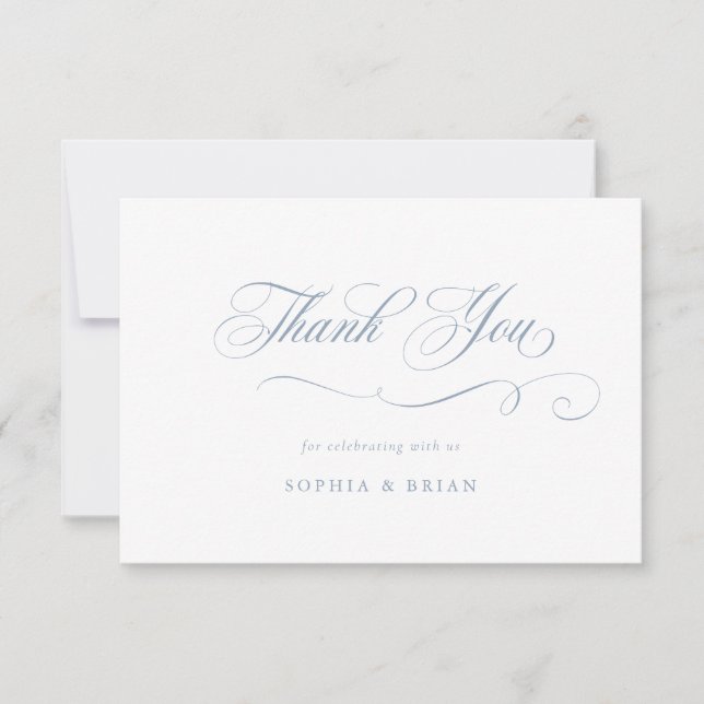 Elegant Calligraphy Script Dusty Blue Vielen Dank Einladung (Vorderseite)